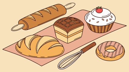 Charming flat vector illustration of delicious homemade bakery treats with fresh bread, sweet pastries, cupcake, donut, cake, rolling pin, and whisk.