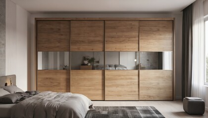 Modern bedroom features minimalist wooden wardrobe with glass sliding doors. Natural wood finish complements contemporary interior design. Ample storage solution offers elegance, comfort in spacious