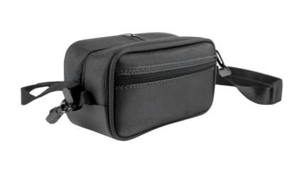 Compact camera case with secure zipper and padded interior isolated on white background

