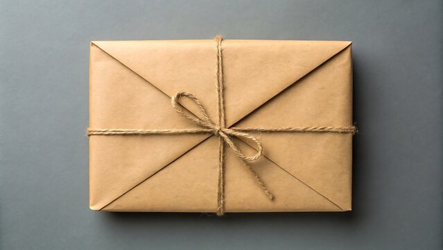 Brown paper-wrapped gift box with string bow on gray background

