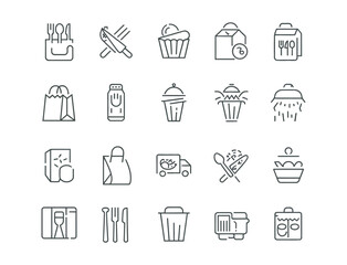 Minimalist Line Icons Featuring Takeaway, Shopping Bag, and Mobile App  
