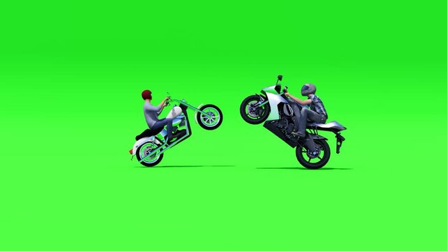 Two motorcyclists, one on a cruiser and one on a sportbike, performing wheelies on a green screen. Ideal for action, extreme sports, or transportation-related projects requiring custom backgrounds.
