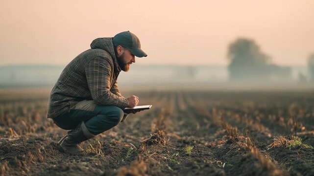 Farmer kneeling field uses tablet monitors soil checks data modern agriculture technology supports plant growth tablet helps farmer track soil field data plant monitoring technology agriculture