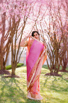 A woman in a shimmering pink traditional outfit stands serenely among cherry blossoms, radiating warmth, elegance, and cultural pride.