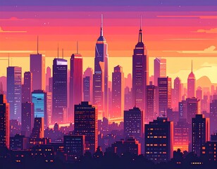 Vibrant pixel art cityscape at sunset with colorful sky