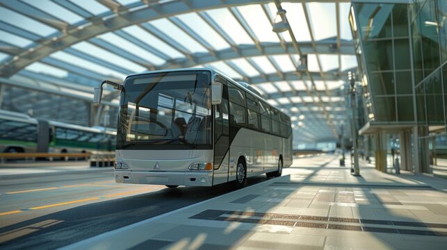 Modern bus at station under transparent canopy reflecting urban infrastructure. In articles about urban transport, presentations about modern technologies in public transport,   - Powered by Adobe