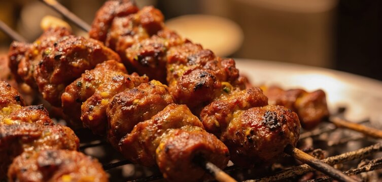 Close-up of Nigerian suya skewers grilling over charcoal. Savory meat seasoned with vibrant spices, offering flavorful, appetizing culinary experience. Perfect for food blogs, restaurant menus,