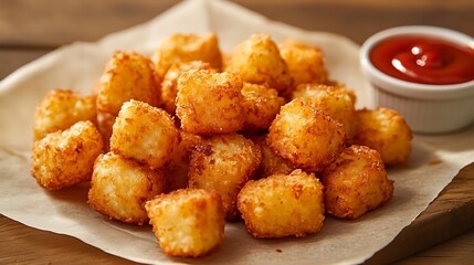 Crispy Tater Tots Served with Ketchup on a Wooden Board