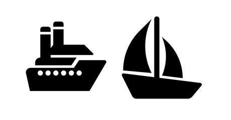 Simple Black Icons: Cargo Ship and Sailboat, Minimalist Maritime Design