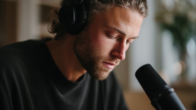 Young man engaged in creating audio content while wearing headphones in a cozy indoor setting during evening hours