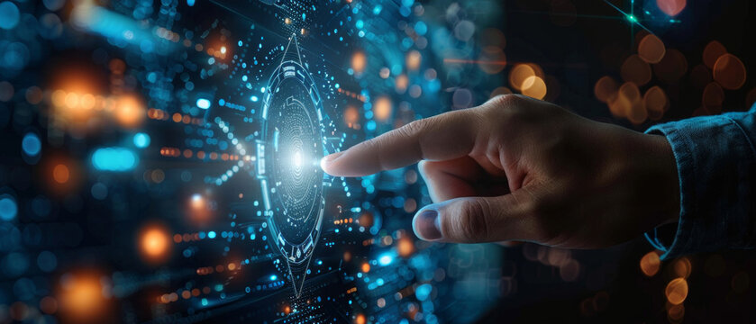 A futuristic interface with a holographic projection pointed by a finger is useful for articles about technology and innovation.