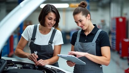 Two women mechanics collaborate in a car workshop. One holds a wrench near the engine, the other checks a digital tablet for details.