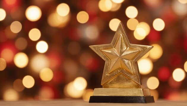 Gold star award trophy sits on table with festive, blurred bokeh background of warm lights. Employee recognition, company values, achievement, success. Celebrates milestones, outstanding performance.