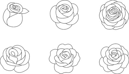 Six stylized rose outlines in black and white flower