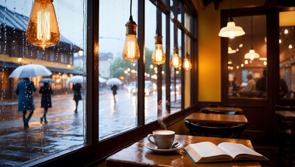 A cafe interior on a rainy evening, with a coffee cup and a book on a wooden table. Intimate evening atmosphere.