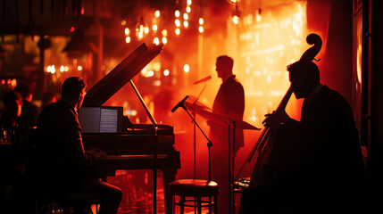 Jazz musicians in a band playing on the stage of a jazz club, hot atmosphere