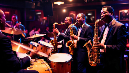 Fototapeta premium Jazz musicians in a band playing on the stage of a jazz club, hot atmosphere