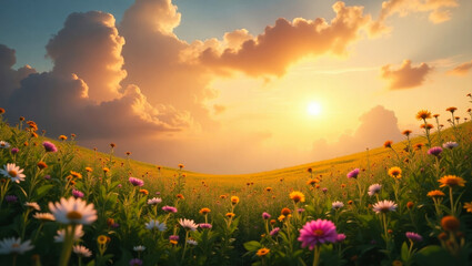 Fototapeta premium The sun rising over a serene, picturesque landscape. New Earth awakening, hope concept.