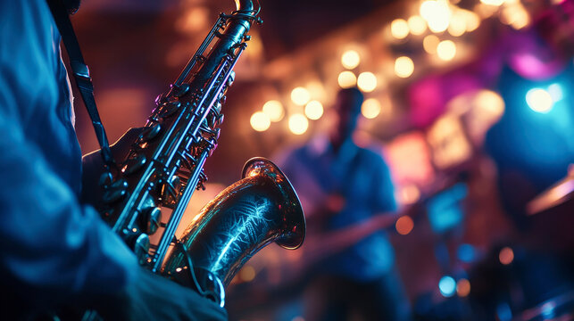 Jazz musicians in a band playing on the stage of a jazz club, hot atmosphere