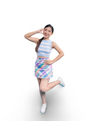 A happy and playful young Asian woman making a cute peace sign in a dynamic, one-legged pose.on png 