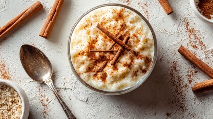 Overhead shot of creamy rice pudding sprinkled with cinnamon on a light-toned surface