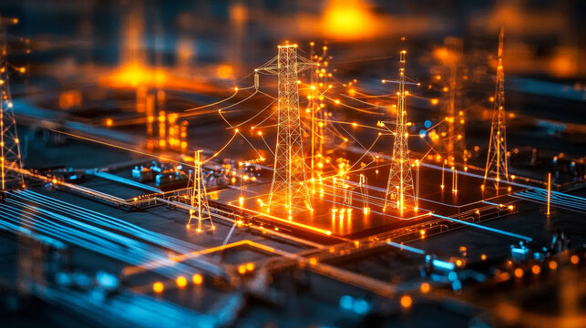 A miniature model complex power grid, featuring a network of towers and power lines