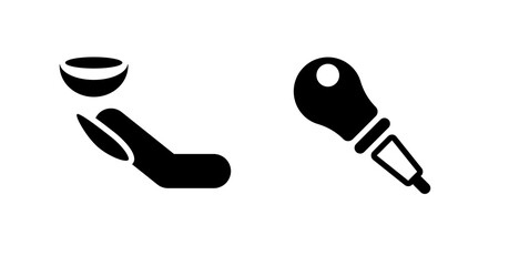 Hand holding bowl and minimalist lightbulb icon:  black and white vector graphic design.