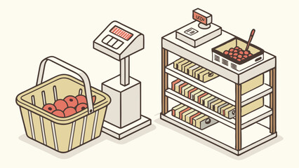 Clean isometric vector illustration of a grocery store scene featuring a shopping basket with red apples, a digital weighing scale, and a retail checkout counter.