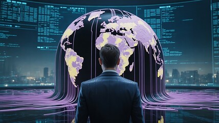 A businessman analyzes global data on a futuristic digital interface