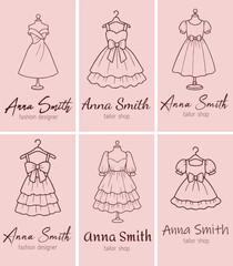 A refined set of 6 business card templates for fashion designers or tailor shops, featuring hand-drawn dresses on mannequins and hangers. 