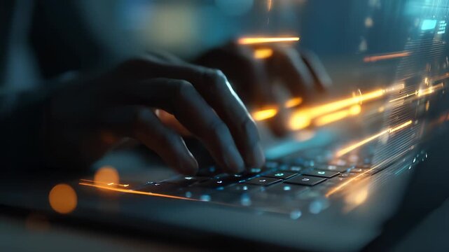 Fingers type keyboard, neon lines flash on digital interface. Data streams build secure code, hands move fast, neon light highlights keyboard typing, secure network data flows bright.