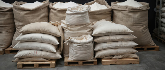 Industrial warehouse stacks of bulk flour sacks. Close-up on jute sacks filled with white powder, representing supply chain, food production. Logistic management, high quality raw materials for