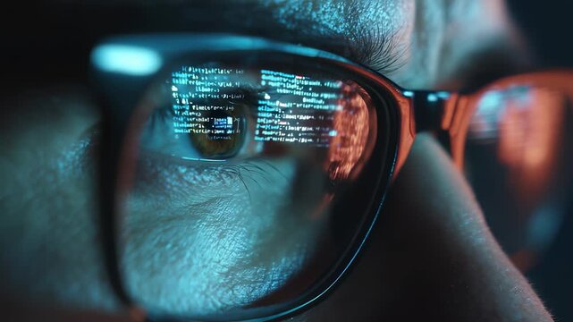 Programmer eye in glasses reflects code lines. Developer closeup studies data with deep focus. Hacker analyzes cyber security breaches, tracking digital code streams, glasses show security details.