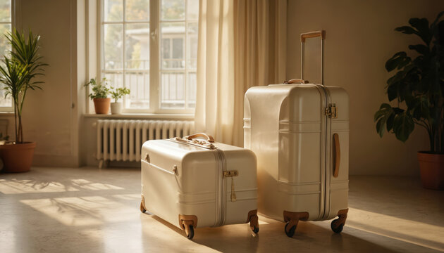 Elegant travel luggage set, cream colored, with leather handles and accents. Designed for durability and convenience, perfect for modern adventure seekers inspiring wanderlust for any journey.