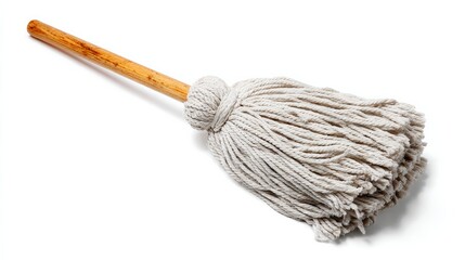 White background image of a single string mop used for cleaning