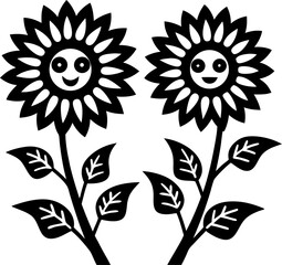 Two black and white sunflower illustrations with smiling faces and leaf details design