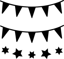 Two rows of black triangle bunting and five black stars isolated on a white background