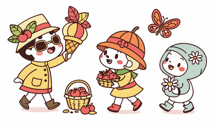 Naklejka premium Adorable Kawaii cartoon children celebrating autumn harvest. Happy kids with apples, ice cream, flowers, and a butterfly. Cute fall season vector art.