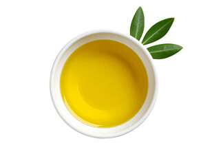 Bowl of extra virgin olive oil with olives on transparent background