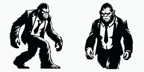 Fototapeta premium A Bigfoot full body wear business suit angry. Corporate Enterprise Entrepreneurship Management Finance Clipart Line Art Vector Illustration. Sasquatch entire figure garb formal attire irate.