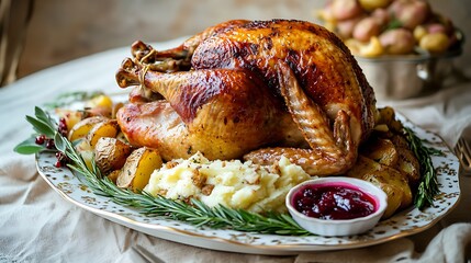 Roasted Turkey with Mashed Potatoes and Cranberry Sauce on a Festive Plate