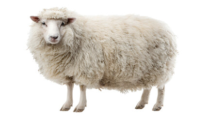 sheep stands facing forward with fluffy white wool isolated on transparent background