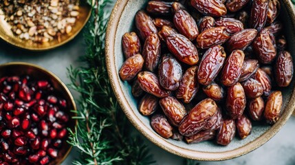 Obraz premium Dried dates in a bowl, alongside pomegranate seeds and herbs.