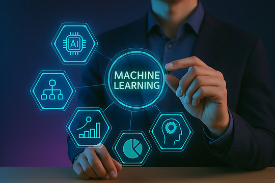 Machine learning concept with neural network and artificial intelligence to represent data science and future technology for development. - Powered by Adobe