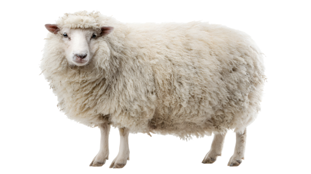 sheep stands facing forward with fluffy white wool isolated on transparent background