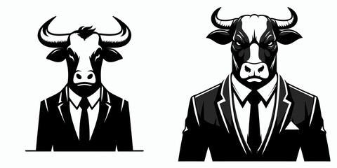 A Cow full body wear business suit angry. Corporate Enterprise Entrepreneurship Management Finance Clipart Line Art Vector Illustration. Bovine formal attire rage in office garment mad.