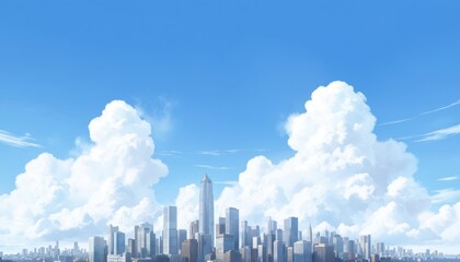 Fototapeta premium Panoramic view of modern cityscape featuring towering skyscrapers against bright blue sky with fluffy white clouds. Urban skyline diverse architecture, office buildings, financial districts during