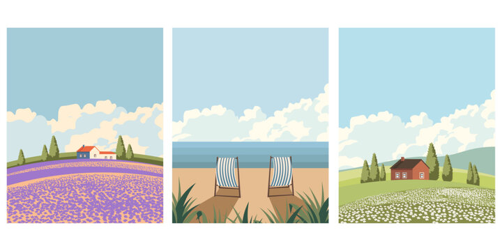 Set of summer postcards, summer landscapes