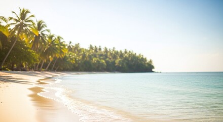 A picturesque tropical beach in Thailand boasts palm trees, white sand, and clear turquoise waters, perfect for a summer vacation paradise