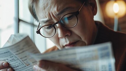 An elderly man intensely reading a newspaper indoors. - Powered by Adobe